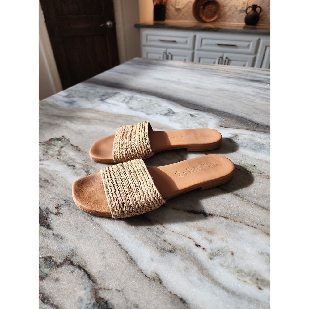Fabio Moggenti Tan Woven Raffia Leather Slide Sandals Made in Italy Womens Flat